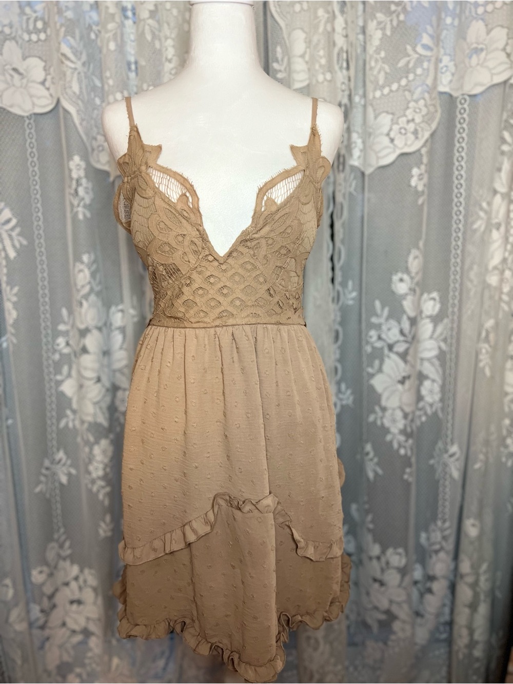 y2k Rue21 Tan Lace Bodice Ruffle Midi Dress XL